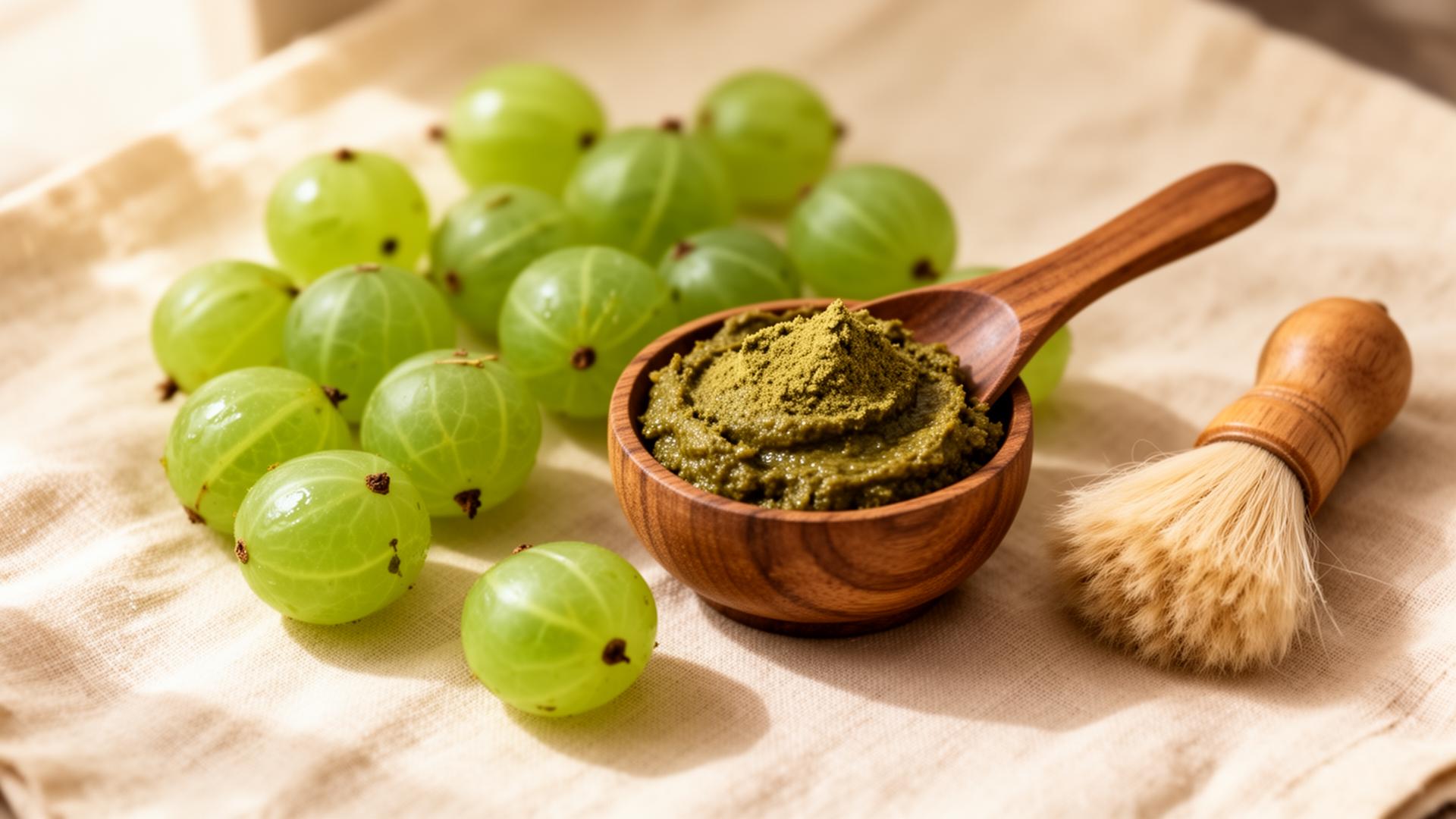 Fresh green amla (Indian gooseberry) fruits with a wooden bowl of amla powder paste and hair brush for a hair-care ritual