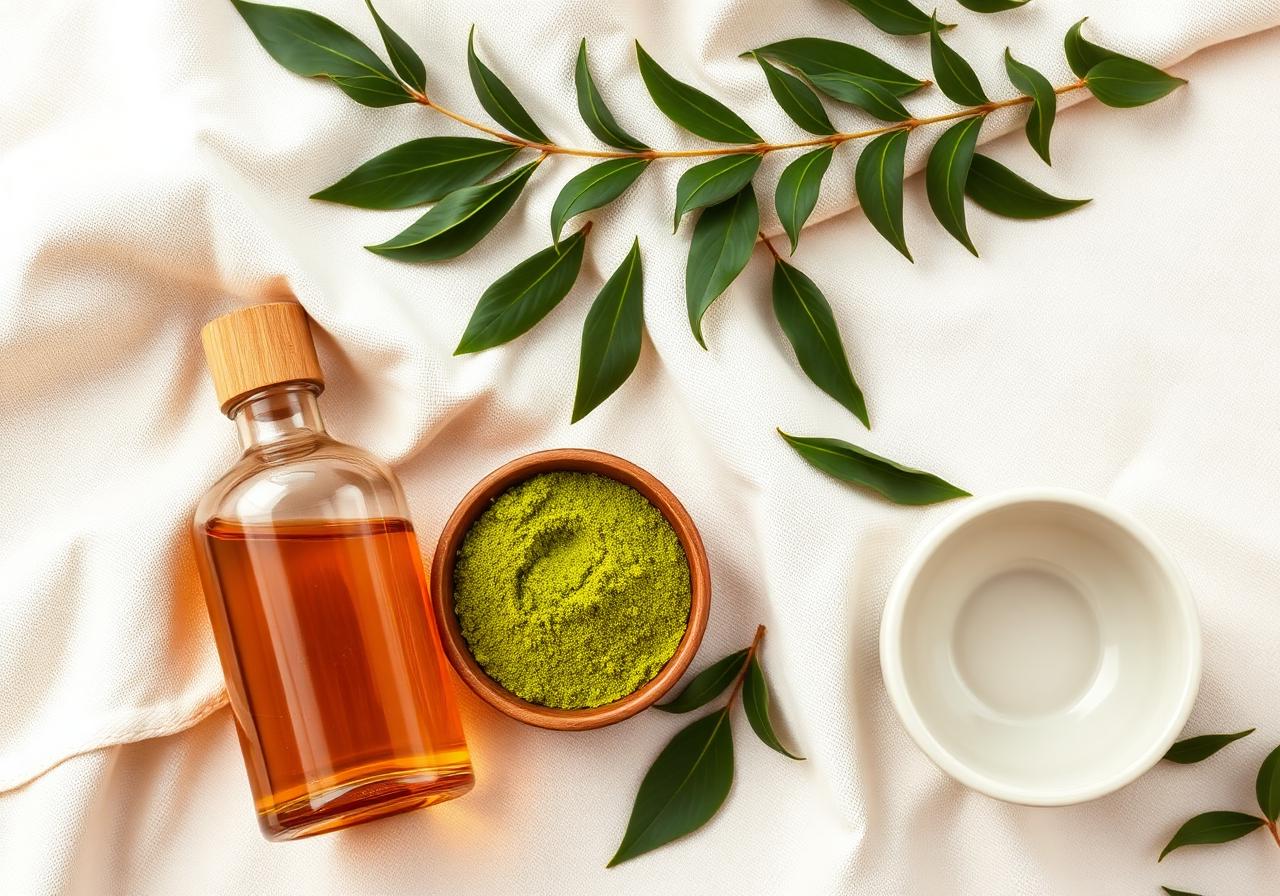 Amber apple cider vinegar bottle beside a wooden bowl of green neem powder and fresh neem leaves on cream linen