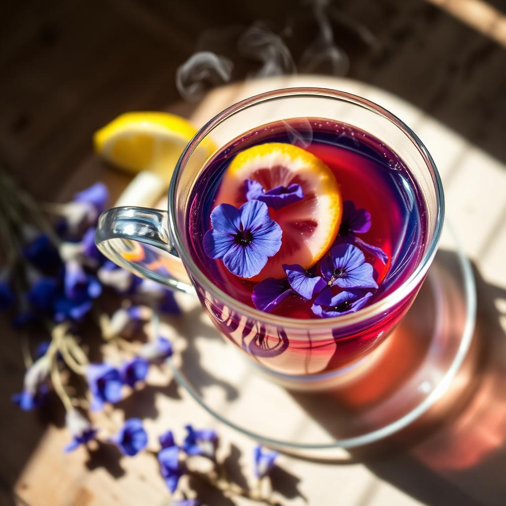 Glass teacup with butterfly pea tea turned violet after adding lemon