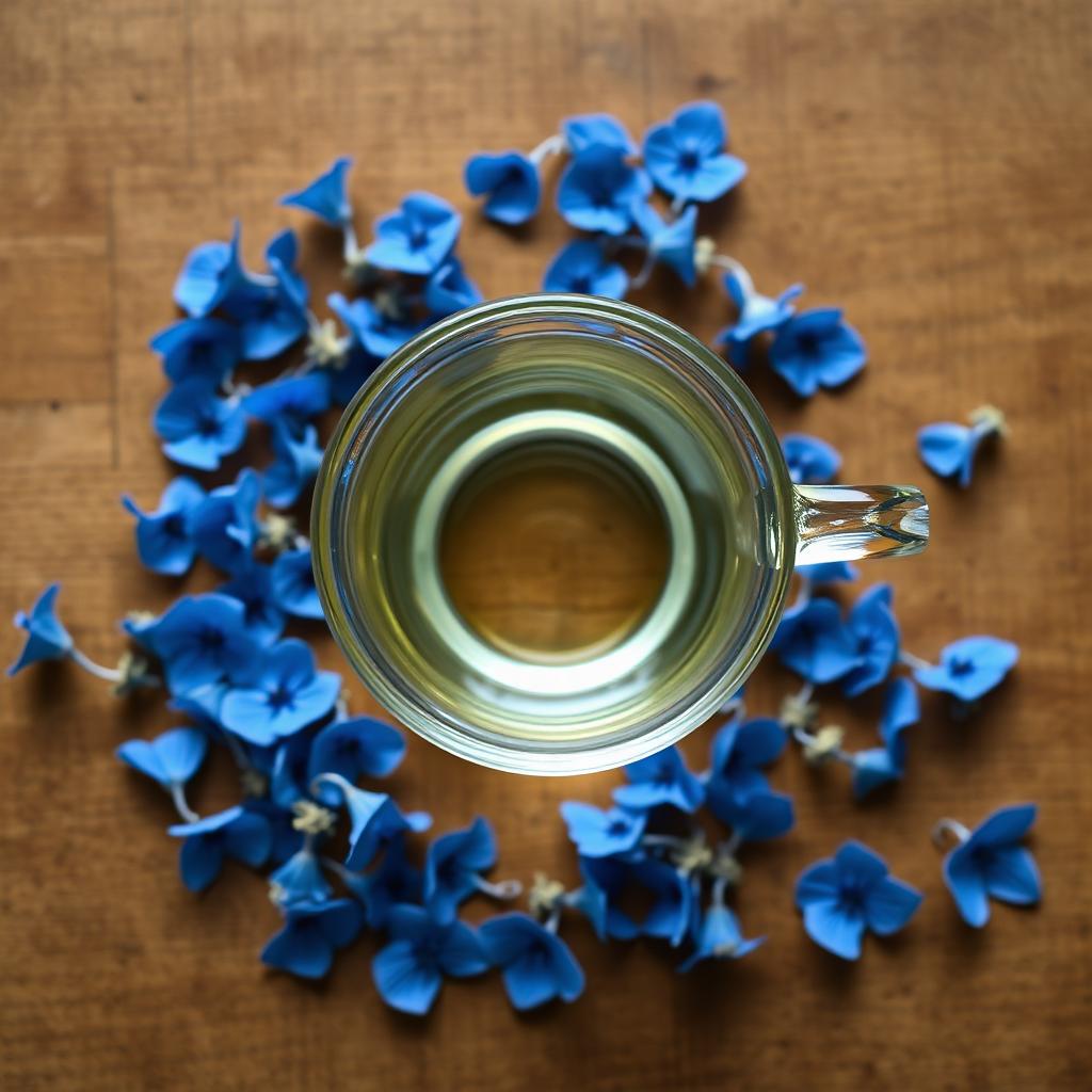 Glass teacup with deep blue butterfly pea flower tea