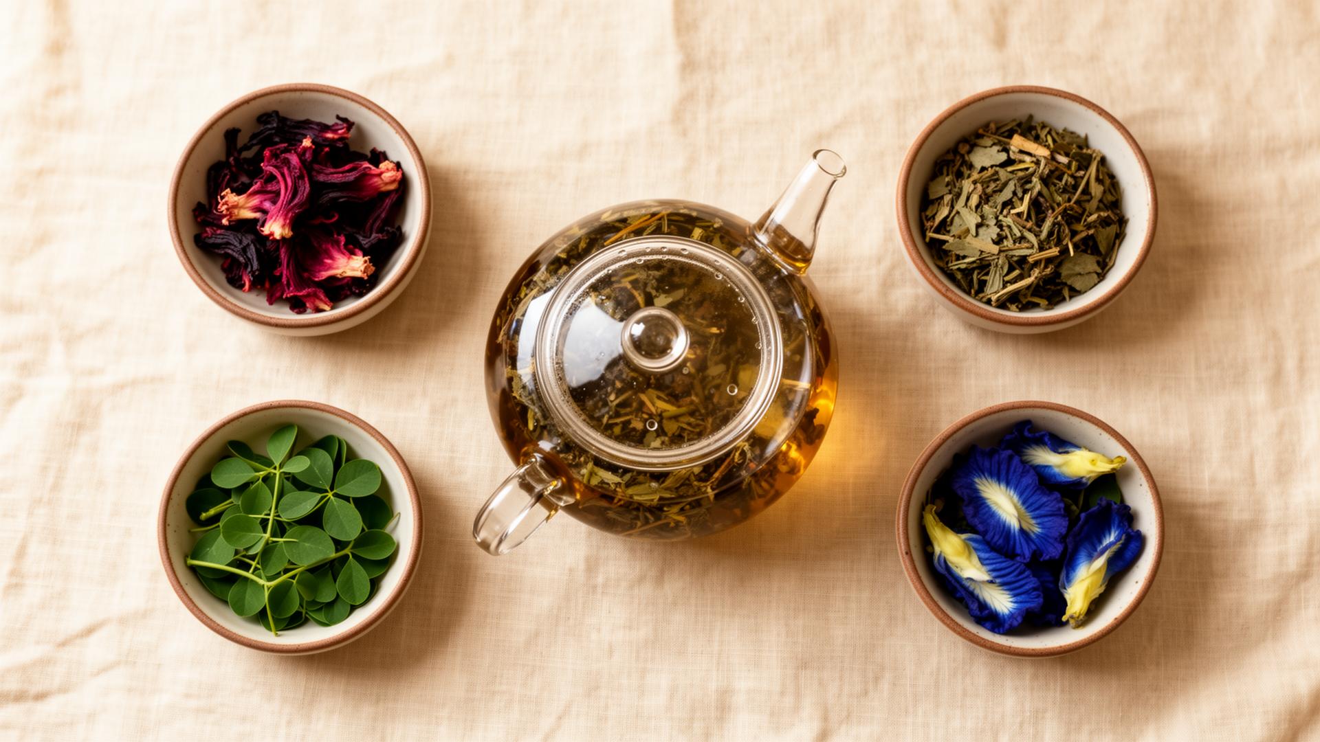 Flat lay of dried hibiscus, moringa leaves and butterfly pea flowers around a glass teapot of caffeine-free herbal infusion