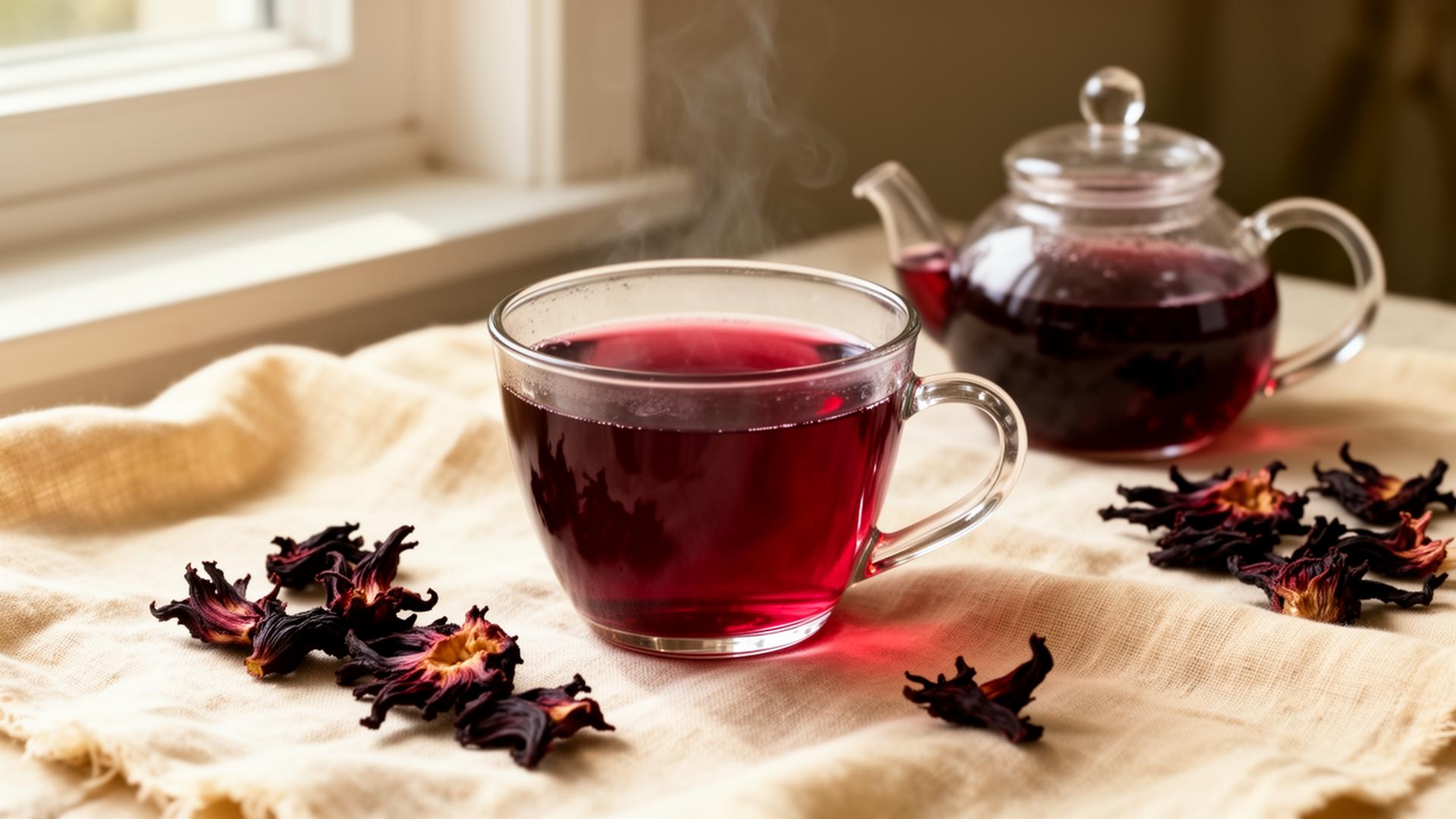 Clear glass cup of deep ruby-red hibiscus tea with dried hibiscus petals scattered on cream linen for daily wellness