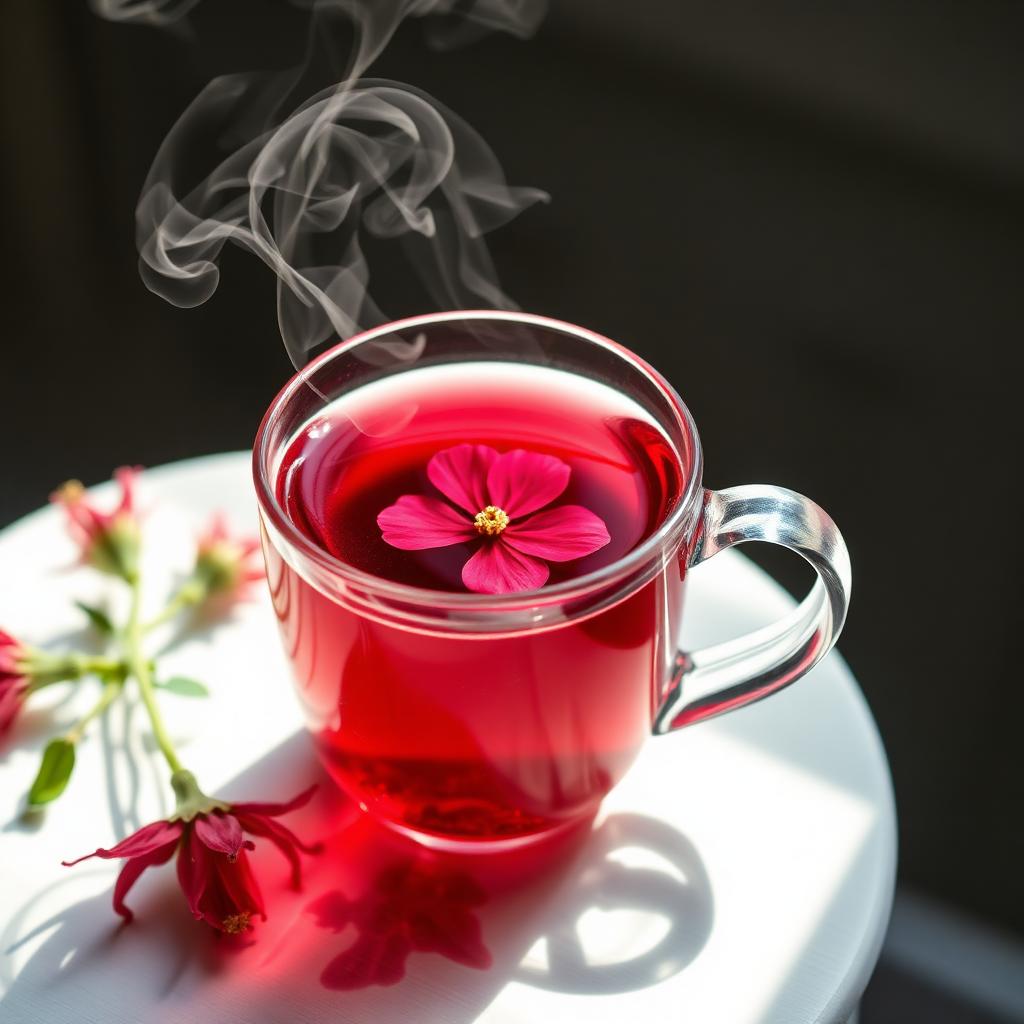 Glass teacup filled with deep ruby red hibiscus tea with steam rising