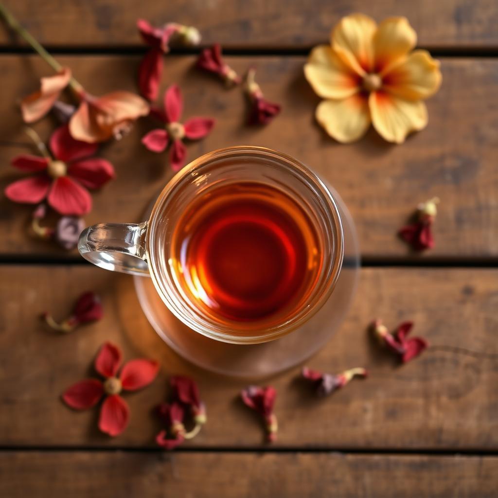 Glass teacup with light amber hibiscus tea just starting to steep