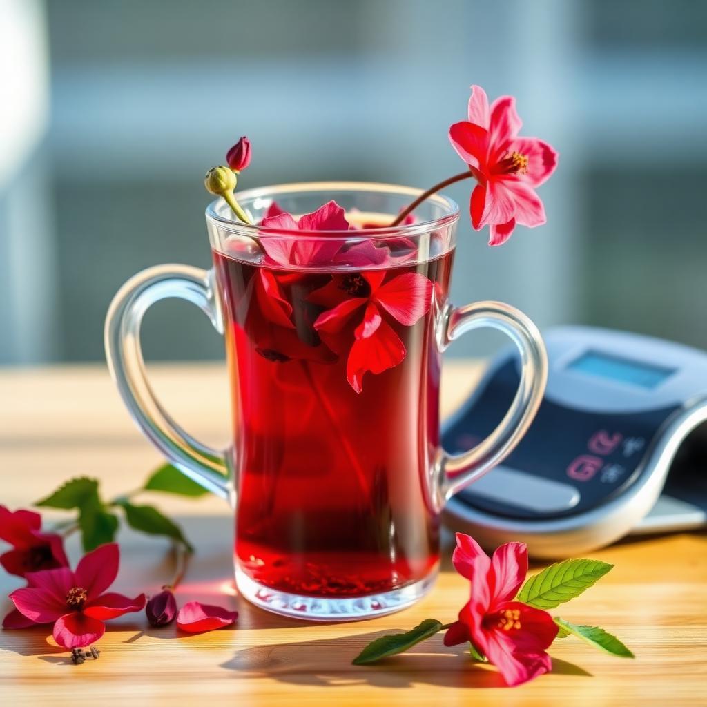 Ruby-red hibiscus tea in a clear glass cup with hibiscus flowers and a blood pressure monitor in soft focus