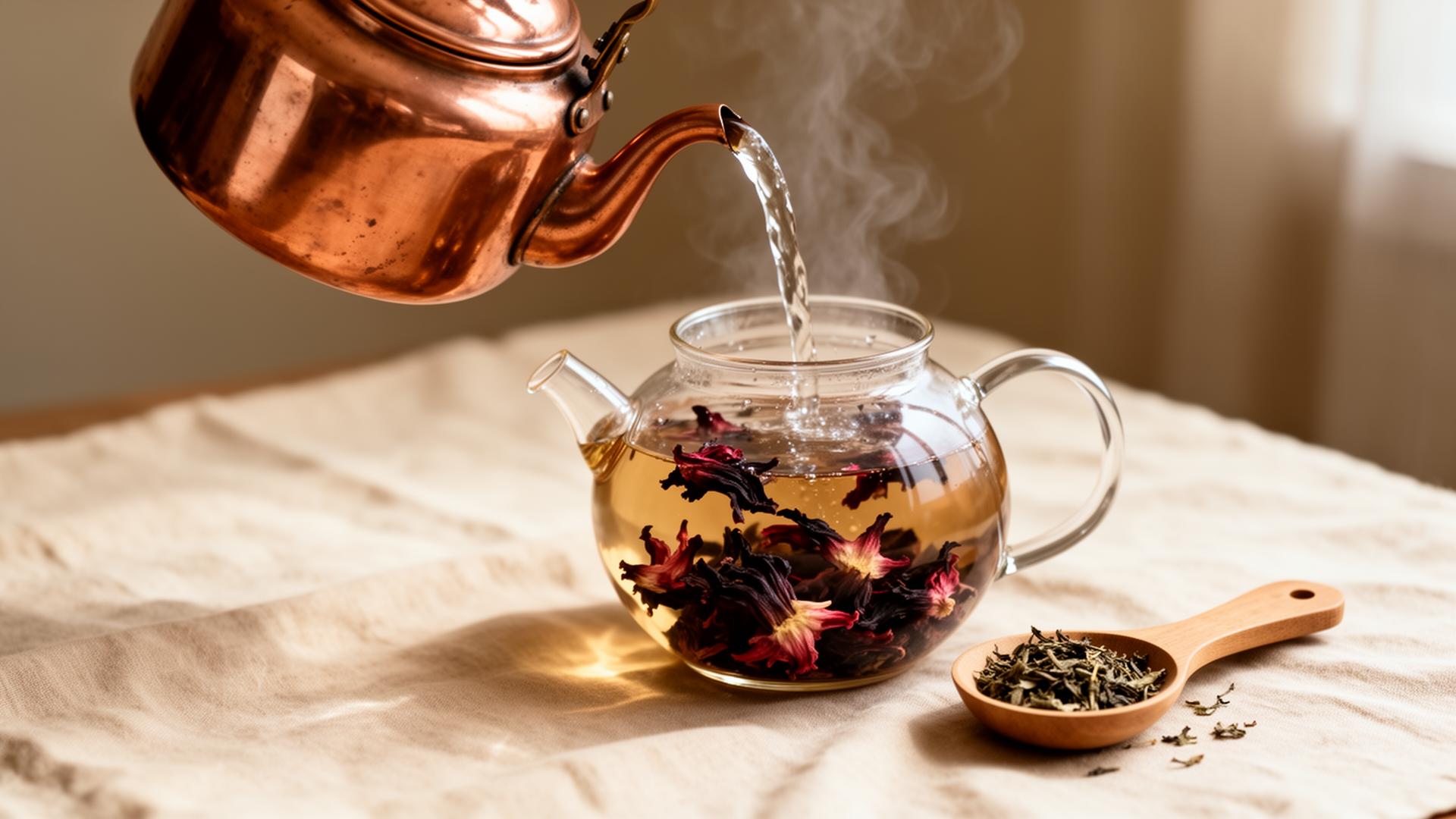 Copper kettle pouring hot water into a glass teapot of dried hibiscus flowers with a wooden spoon of herbs for proper brewing