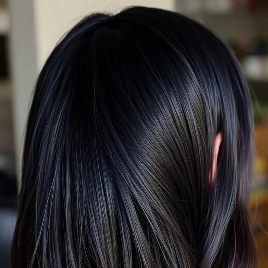 Jet black glossy hair after natural indigo dye treatment
