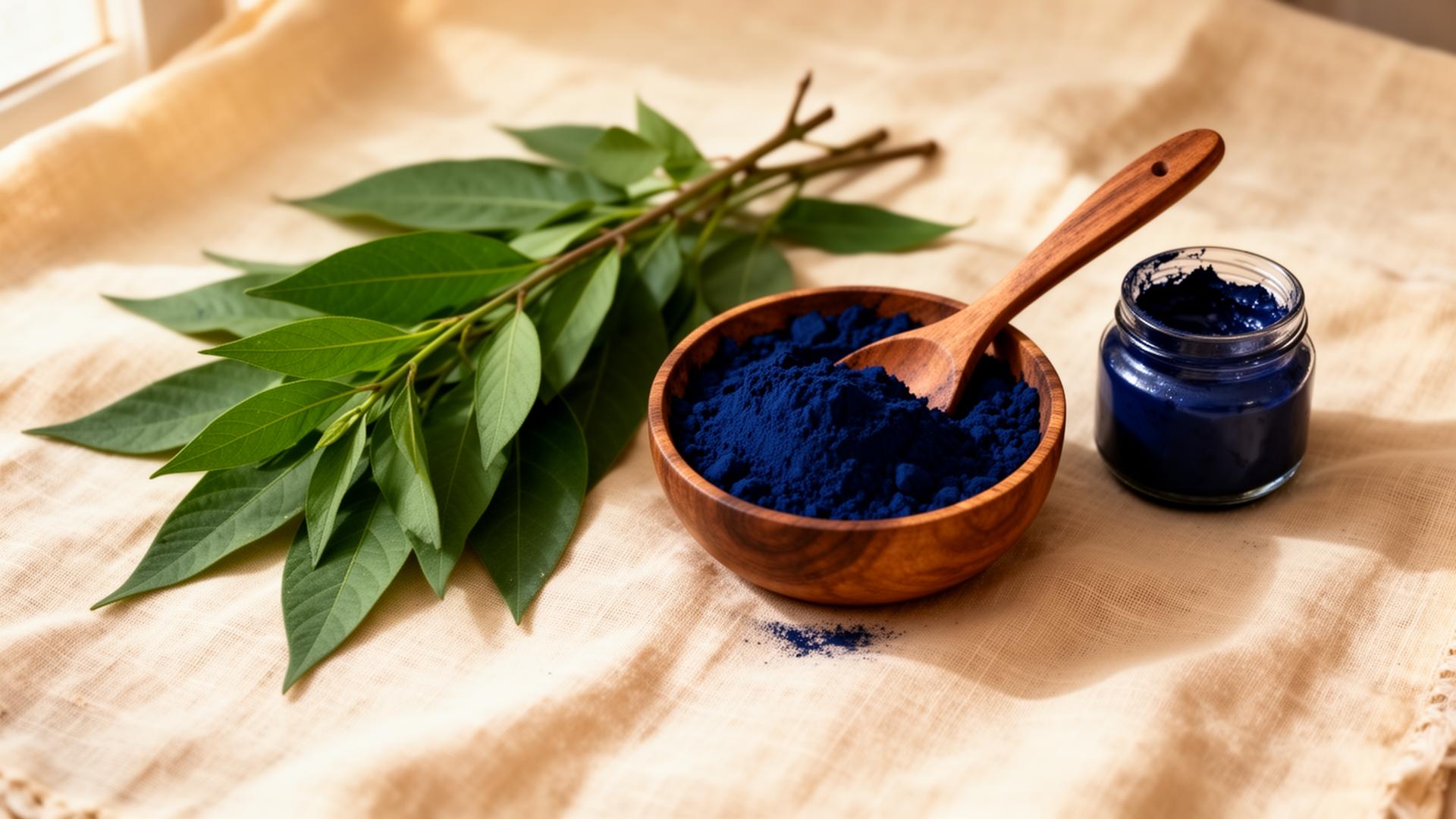 Indigo plant leaves with a bowl of deep blue indigo powder and indigo paste in a small jar for natural hair colouring