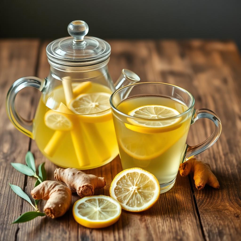 Glass teapot and cup of pale golden lemongrass tea with fresh lemongrass stalks and ginger on rustic wood