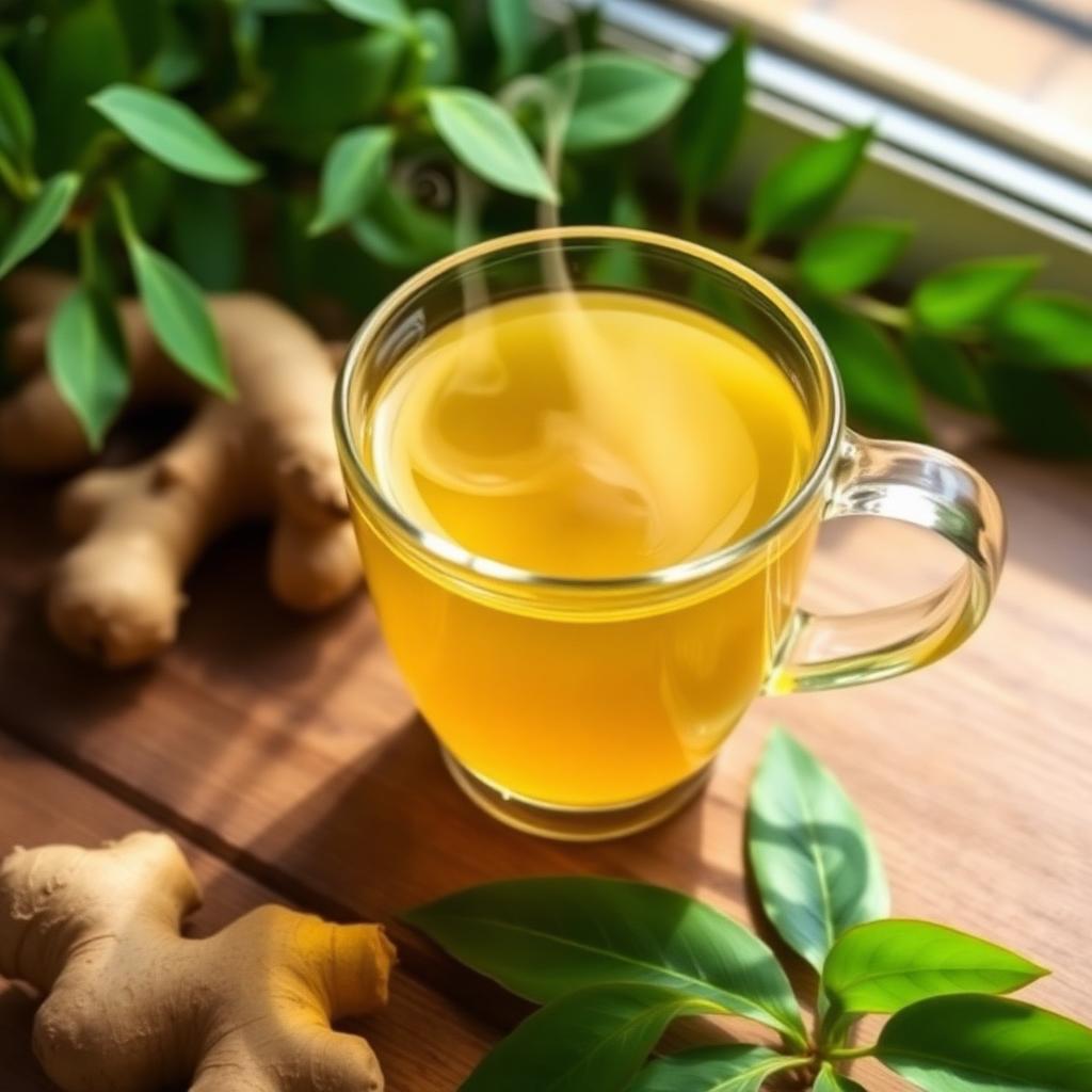 Glass teacup filled with golden moringa ginger tea with steam rising