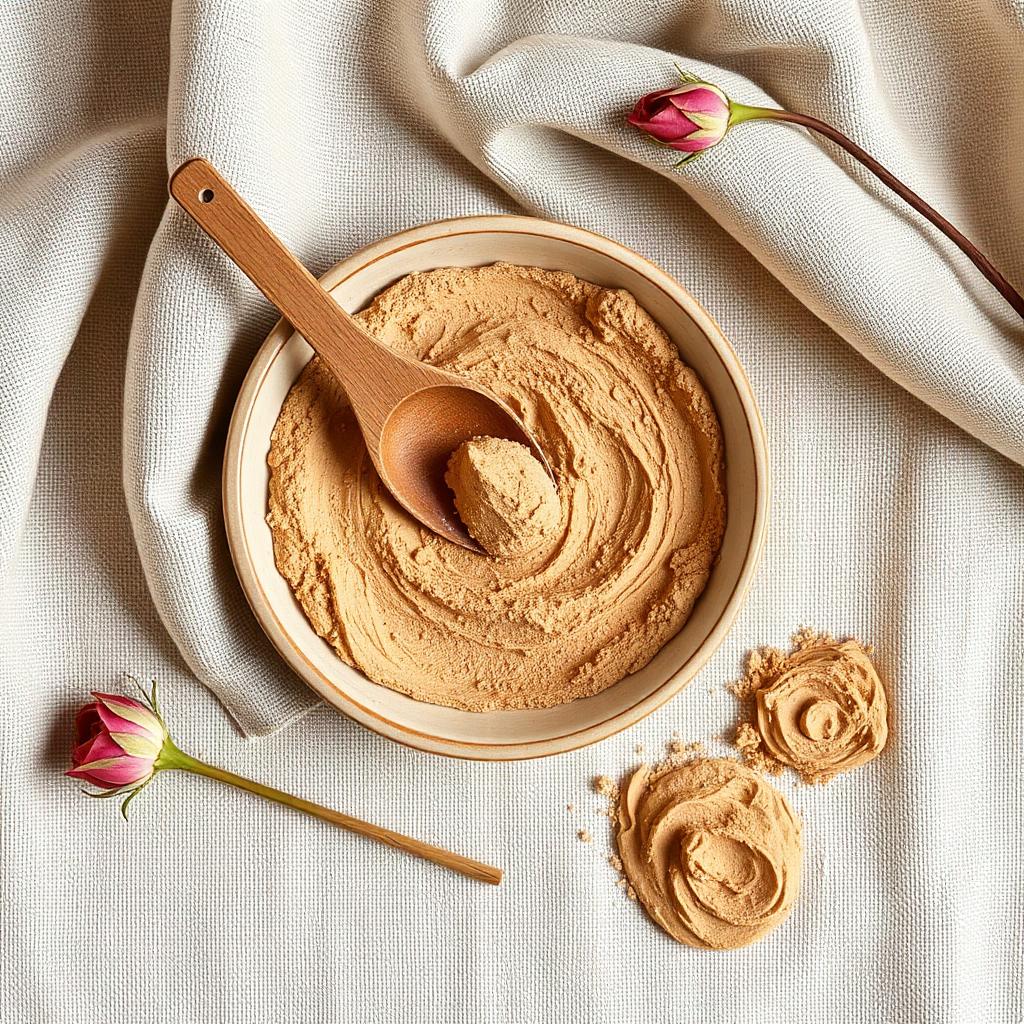 Overhead flat lay of raw beige Multani Mitti clay powder in a shallow ceramic dish with a wooden spoon and a dried rose on natural linen