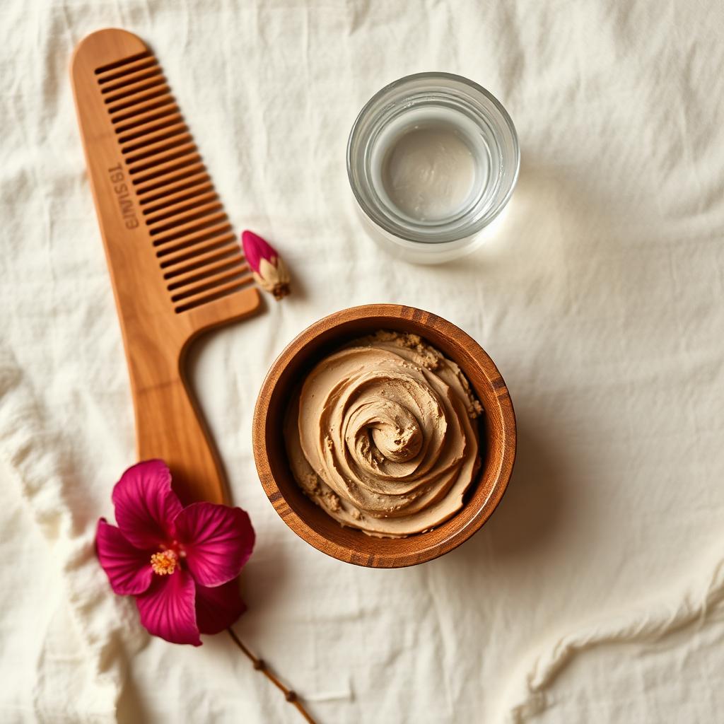 Wooden bowl of Multani Mitti hair mask paste with a wooden wide-tooth comb, hibiscus flower and a glass of water on cream linen