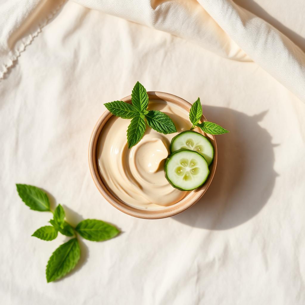 Bowl of Multani Mitti clay paste with fresh mint leaves and cucumber slices on cream linen — natural face pack for oily and acne-prone skin