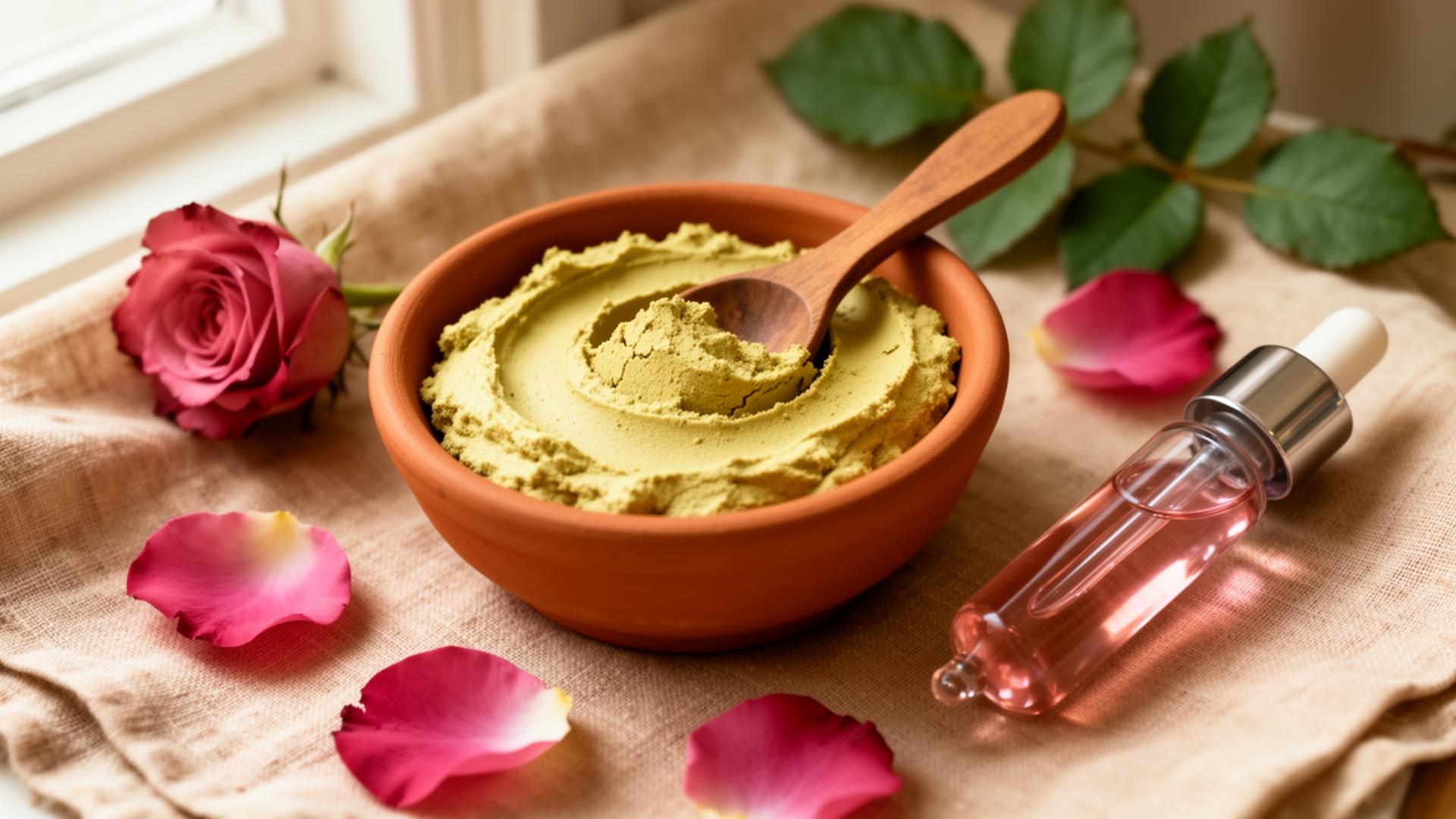 Bowl of Multani Mitti clay paste with rose petals and rose water dropper on linen for a natural face mask ritual