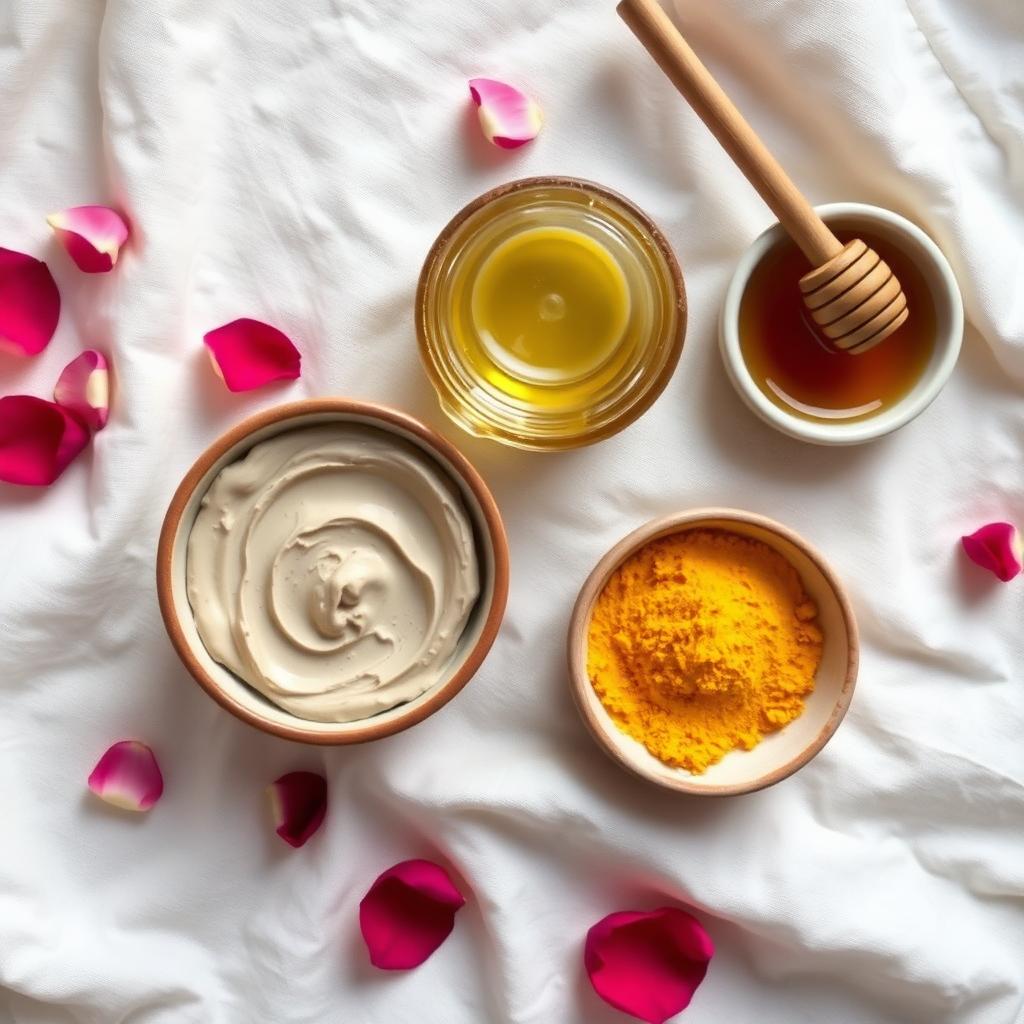 Ceramic bowl of Multani Mitti paste beside rose water in a glass bottle, honey with a wooden dipper and turmeric powder, with scattered rose petals on cream linen