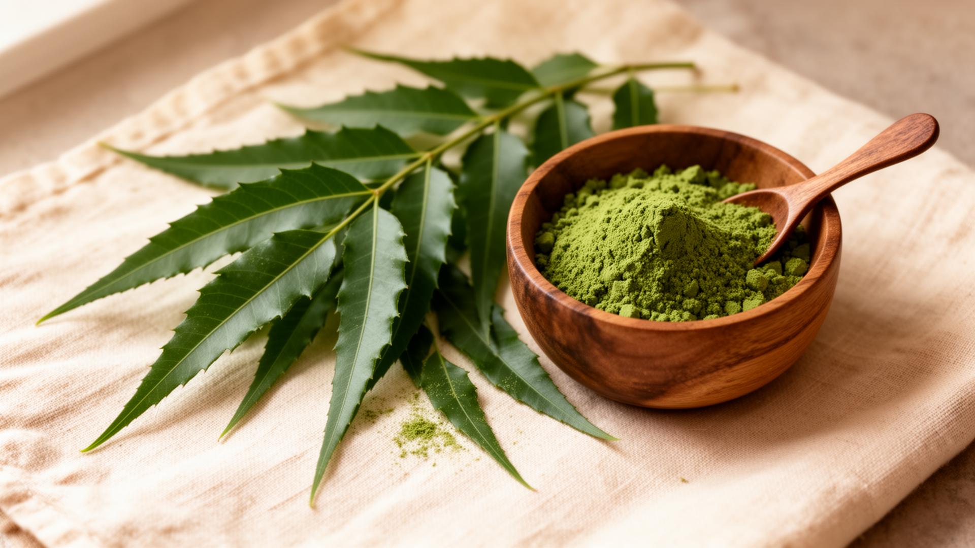Fresh green neem leaves beside a wooden bowl of bright green neem powder with a small spoon on cream linen