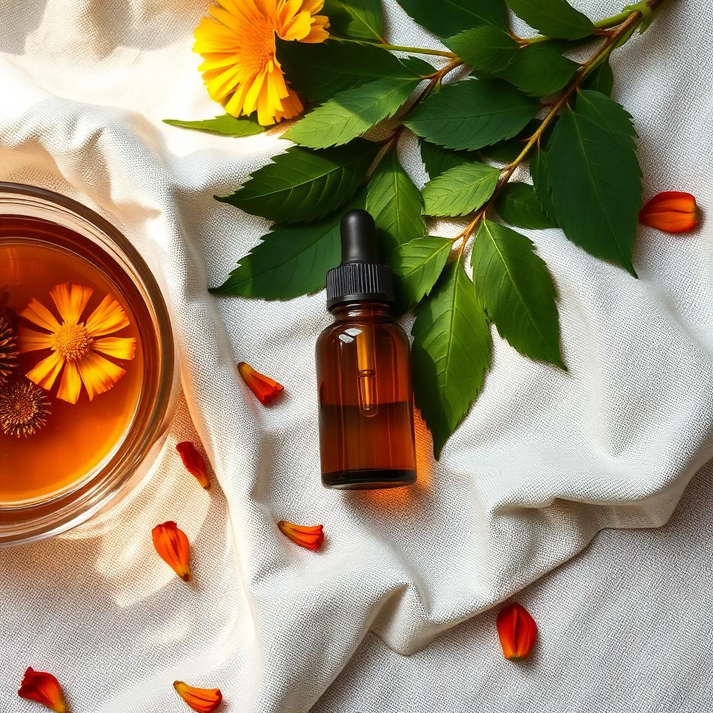 Amber glass dropper bottle of organic face serum with neem leaves and marigold petals on linen