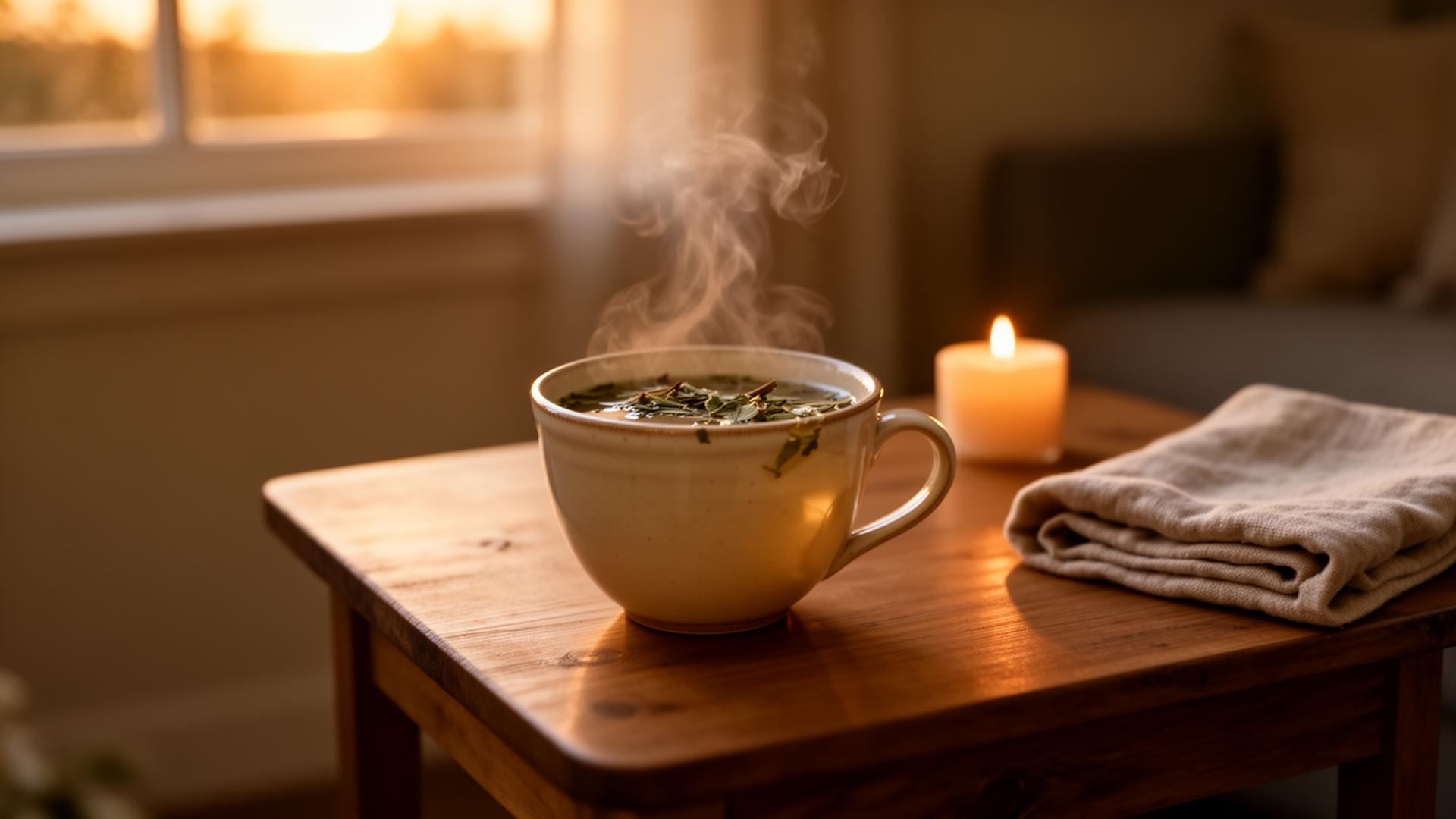 Warm ceramic cup of steaming herbal tea on a wooden side table at dusk beside a lit candle for an evening tea ritual